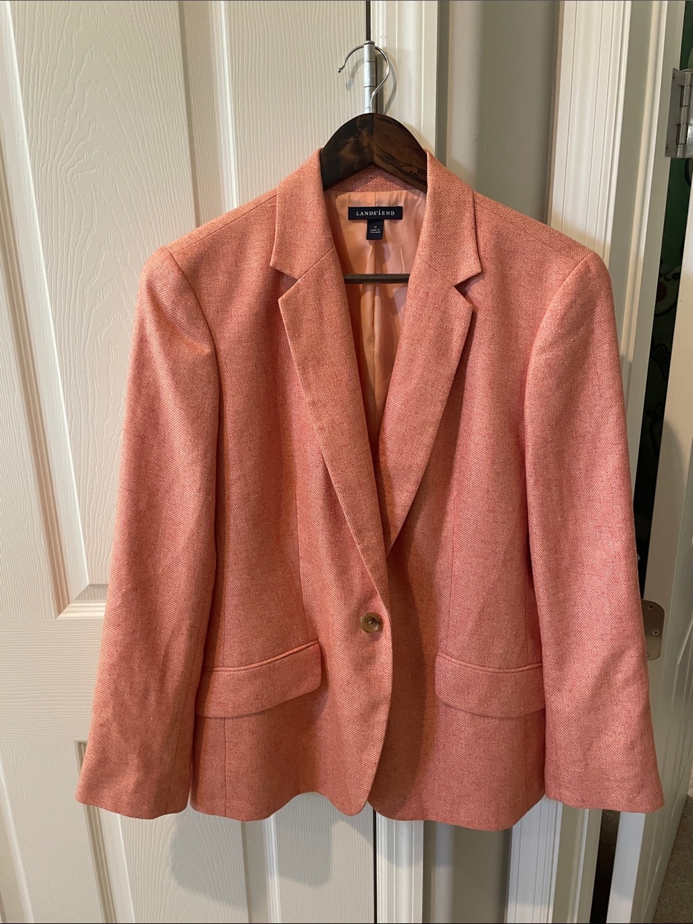 Lands' End Women's Coral-Peach Single-Button Blazer wool silk linen blend